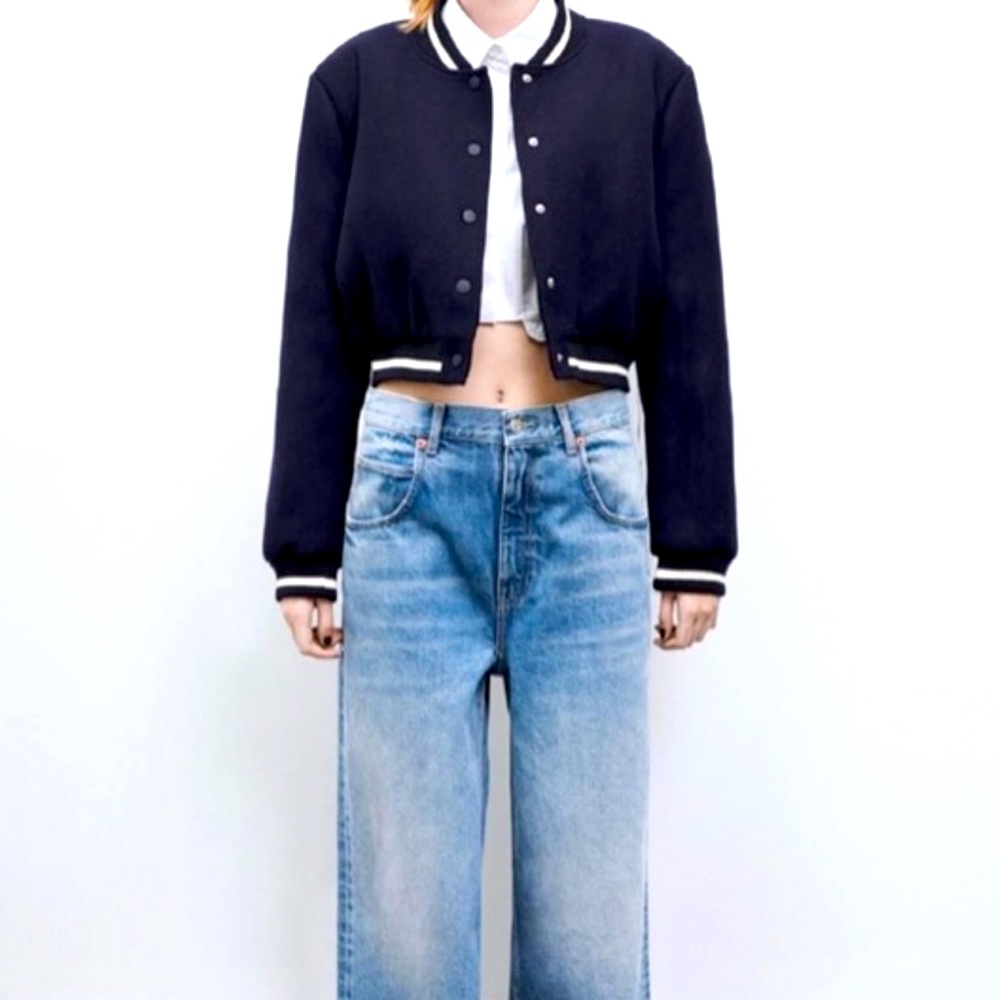 ZARA CROP NAVY WOOL BOMBER JACKET
